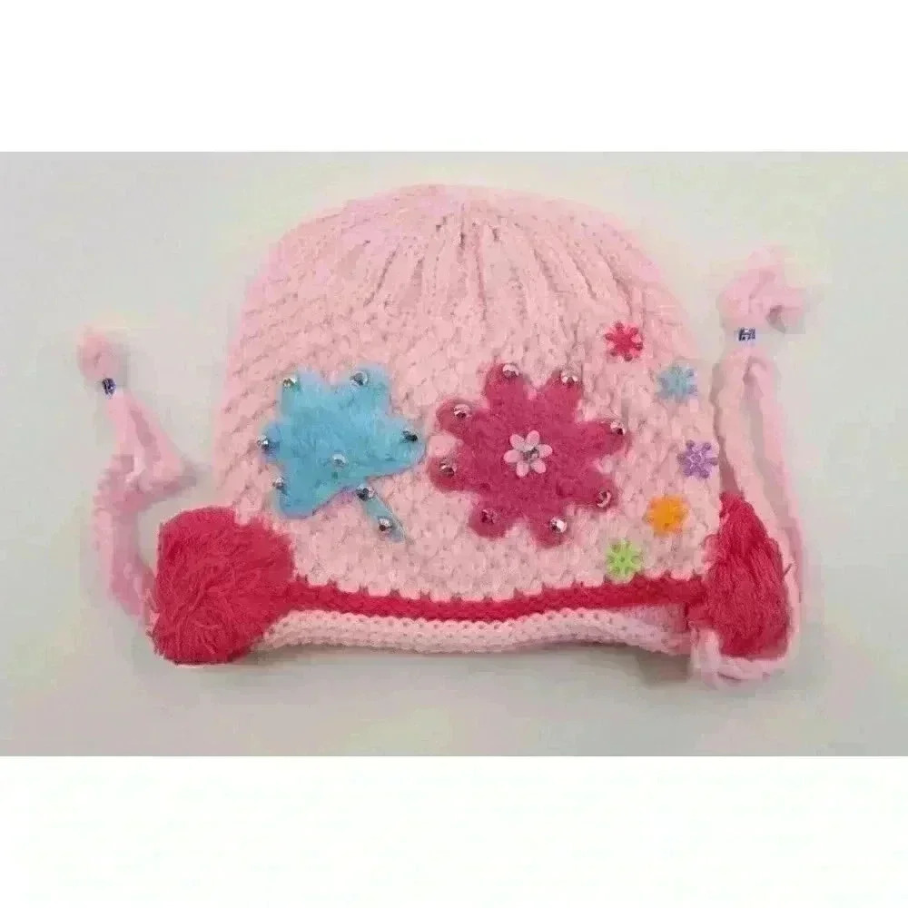 HAND knitted girl hat with knitted applique with beads for 4-6 year old. NEW. - Picture 1 of 8